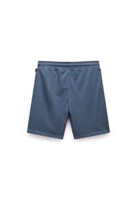 Blue cotton shorts with an elastic waistband, straight cut, and smooth texture. No visible patterns or hardware details.