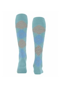 Calze al ginocchio in blu chiaro con un motivo a diamante in grigio e diverse tonalità di blu, con sottili accenti arancioni sui bordi.