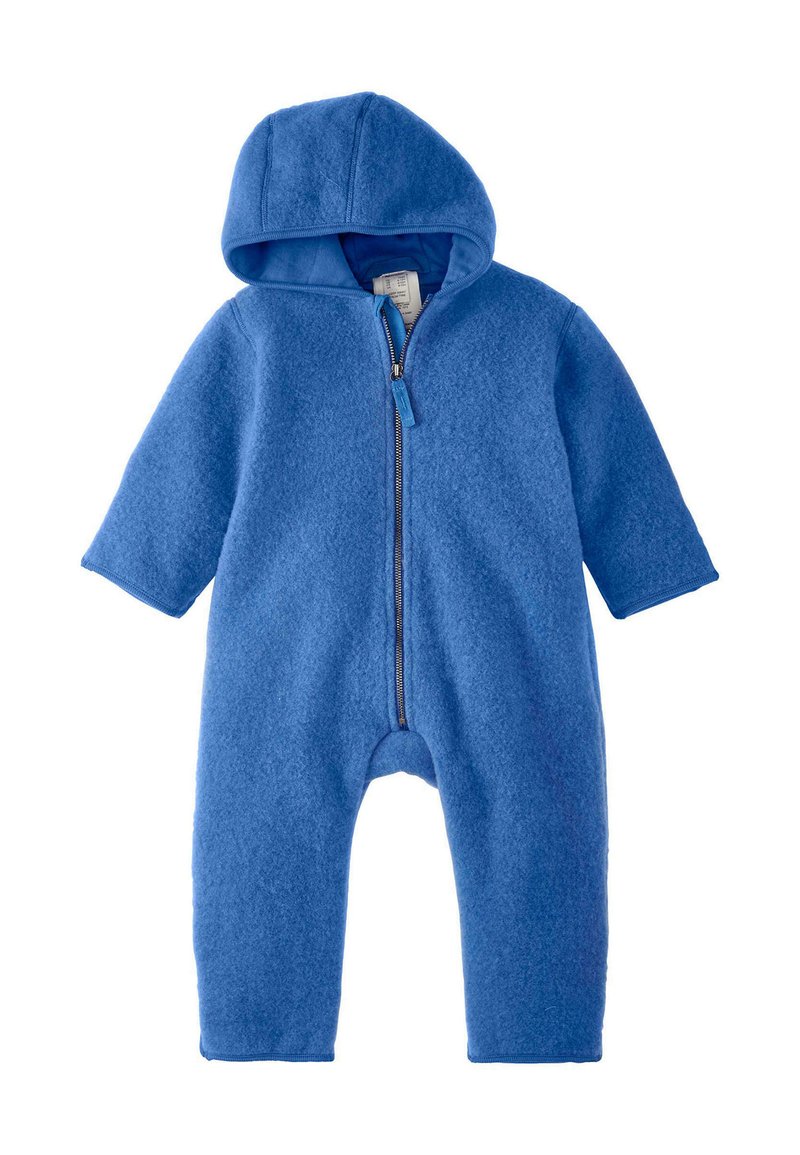 Blauer Fleece-Einteiler mit einem Reißverschluss, langen Ärmeln und Kapuze. Weicher Stoff, lockere Passform und keine sichtbaren Muster oder Akzente.