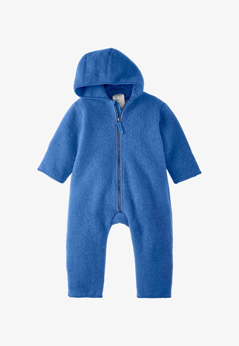 Blauer Fleece-Einteiler mit einem Reißverschluss, langen Ärmeln und Kapuze. Weicher Stoff, lockere Passform und keine sichtbaren Muster oder Akzente.