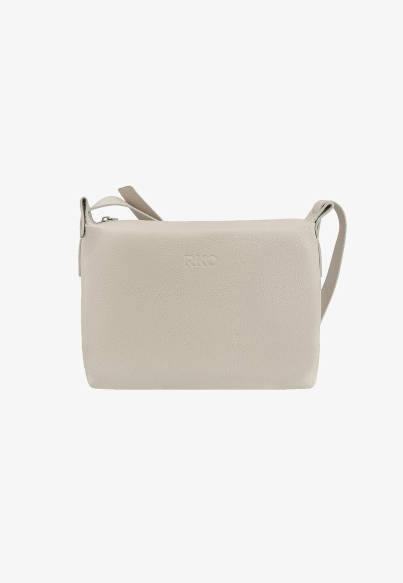 Beige læder crossover-taske med en tekstureret overflade, toplynlås og justerbar rem. Har prægede logoer på forsiden.