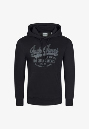 Sweat à capuche noir en coton avec une poche kangourou. Présente un grand imprimé graphique en texte gris sur le devant. Cordon de serrage sur la capuche.