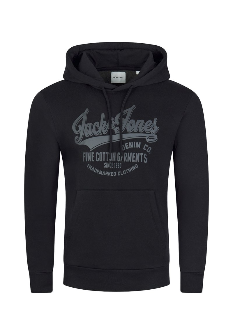 Black hoodie made of cotton with a kangaroo pocket. Features a large gray graphic text print on the front. Drawstrings on the hood.