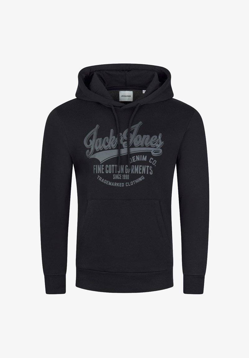 Schwarzer Kapuzenpullover aus Baumwolle mit Kängurutasche. Auf der Vorderseite befindet sich ein großer grauer Schriftzug. Kordelzüge an der Kapuze.