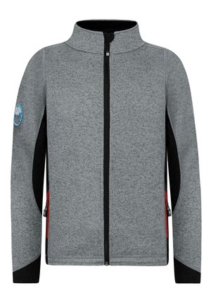 Graue Fleecejacke mit hohem Kragen, schwarzen Akzenten, roten Reißverschlusstaschen und einem runden Logo auf der linken Schulter.