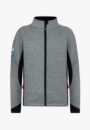 Graue Fleecejacke mit hohem Kragen, schwarzen Akzenten, roten Reißverschlusstaschen und einem runden Logo auf der linken Schulter.
