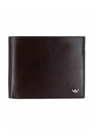 Dark brown leather bifold wallet with visible stitching and a small silver bull head logo in the bottom right corner.
