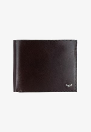 Portefeuille bifold en cuir marron foncé avec couture visible et un petit logo tête de taureau argenté en bas à droite.