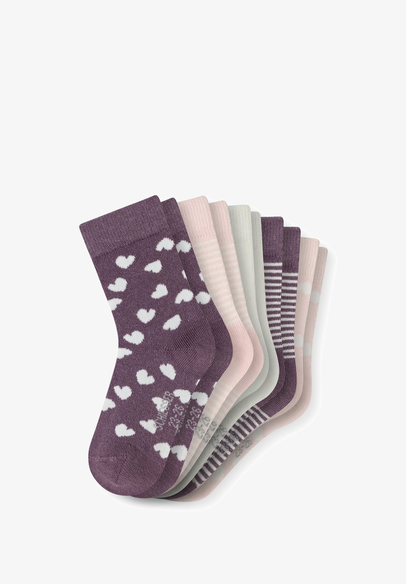 Set bestehend aus acht Socken in verschiedenen Pastellfarben: lila mit weißen Herzen, hellrosa, grau und gestreifte Designs. Baumwollmischung, weicher Textur.