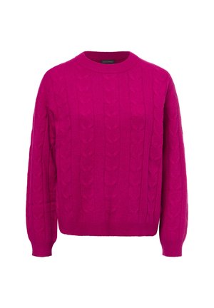 Fuchsia gestrickter Pullover mit Kabelmuster, runden Halsausschnitt und langen Ärmeln. Er hat gerippte Bündchen und einen gerippten Saum für eine strukturierte Passform.