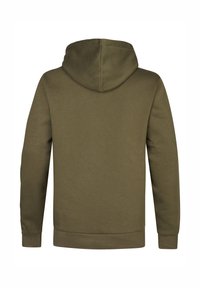 Mikina s kapucí v olivově zelené barvě, vyrobená z měkké tkaniny, s volným střihem, žebrovanými manžetami a čistým designem bez viditelných log či vzorů.