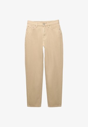 Beige Baumwollhosen mit geradem Schnitt, ausgestattet mit fünf Taschen, einem Knopfverschluss und Gürtelschlaufen. Glatte Textur, keine sichtbaren Muster.