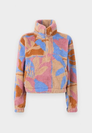 Poollukuga fliisist jakk abstraktse lillimustriga roosades, sinistes, pruunikates ja oranžides toonides pehmel tekstureeritud kangal.