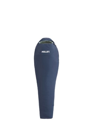 Marineblauer Mumien-Schlafsack mit Kapuze und weißem "MILLET"-Logo auf der Brust.
