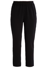 Black pants with an elastic waistband, tapered legs, and a smooth, lightweight fabric. No pockets or visible hardware details.