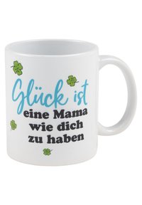 Mug in ceramica bianca con manico curvo, con testo in blu e nero: "Glück ist eine Mama wie dich zu haben." Accenti di trifoglio verde.