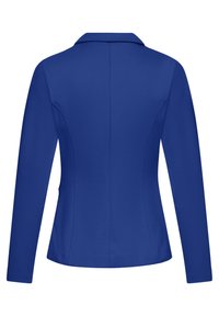 Sinise pikkade varrukatega krobelise bleiseri tagakülg, rõhutades kohandatud õmblusi ja sujuvat kangapinda.