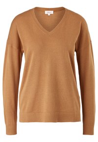 Pull en tricot camel à col en V et manches longues, avec poignets et ourlet côtelés, présenté sur un fond blanc.