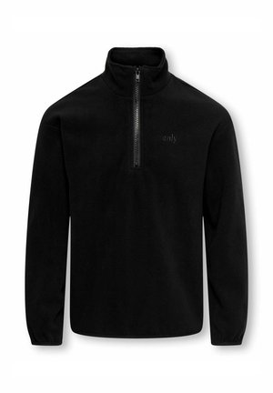 Pull léger en polaire noir avec un col zippé à moitié. Présente un logo discret sur le devant, des manches longues et une texture lisse.