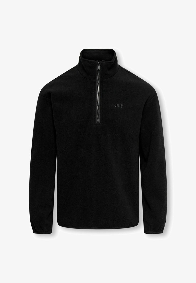 Juodas vilnonis megztinis su pusiau užtrauktuku. Yra subtilus logo priekyje, ilgos rankovės ir glotni tekstūra.