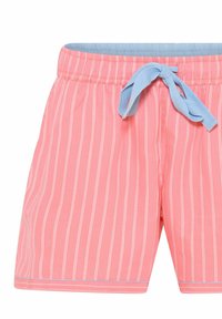 Roze gestreepte zwemboxers met een lichtblauwe tailleband en strik. Kenmerkt zich door verticale witte strepen en een zachte textuur.