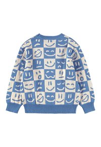 Blauer und cremefarbener Strickpullover mit einem quadratischen Muster verschiedener Smiley-Gesichter. Hat gerippte Bündchen und Saum. Weicher Stoff.