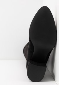 Chaussure noire à bout pointu avec semelle texturée et petit talon bloc, photographiée par en dessous sur un fond blanc en coin.