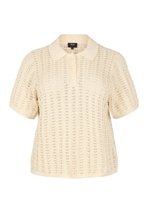 Cream-colored knitted polo shirt with short sleeves, featuring a textured pattern and three-button placket. Lightweight and breathable material.