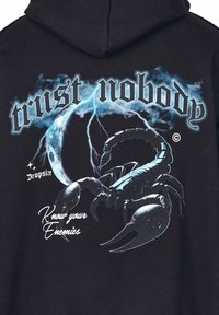 Black hoodie featuring a scorpion graphic with blue accents, lightning, and the text "trust nobody" and "Know your Enemies" in contrasting colors.