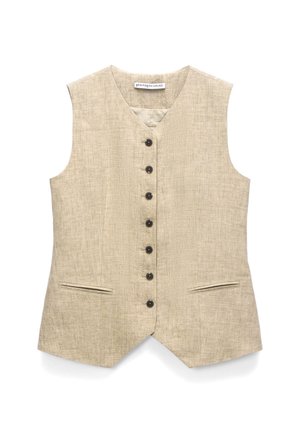 Beige Leinenweste ohne Ärmel mit V-Ausschnitt, sieben schwarzen Knöpfen vorne und zwei waagerechten Schlitztaschen.