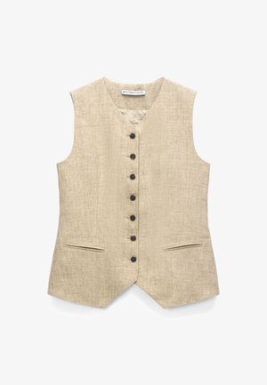 Beige Leinenweste ohne Ärmel mit V-Ausschnitt, sieben schwarzen Knöpfen vorne und zwei waagerechten Schlitztaschen.