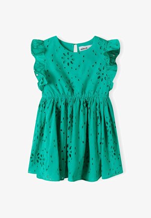 Teal dress with ruffled sleeves, featuring cut-out floral patterns, elastic waistband, and a round neckline with a back closure.