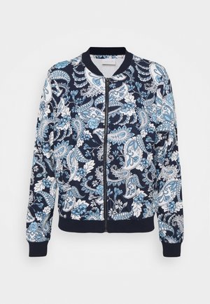 Marineblaue Bomberjacke mit weißem und hellblauem Paisley- und Blumenmuster, Frontreißverschluss, geripptem Kragen, Bündchen und Bund.