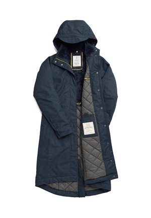 Marineblauer wasserdichter Mantel mit gestepptem grauen Futter, Kapuze und gelben Akzenten; verfügt über Druckknopfverschlüsse und ein Markenetikett im Inneren.