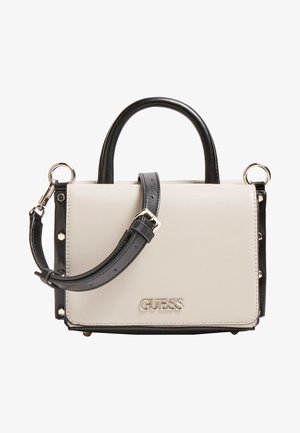 Strukturovaná kabelka s krémovým tělem a černými akcenty, hladký syntetický materiál, horní ucha a nastavitelný popruh s kovovými detaily.