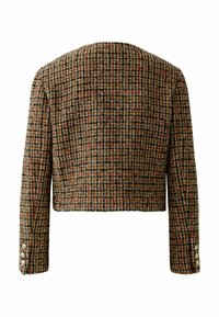 Bruine en zwarte geruite wollen blazer met een korte lengte, lange mouwen en drie decoratieve knopen op elke manchet, getoond vanuit de achterkant.