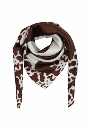 Quadratisches Seidentuch mit braun-weißem Kuhmuster, zu einer Schlaufe gefaltet, deren spitze Enden nach unten hängen.