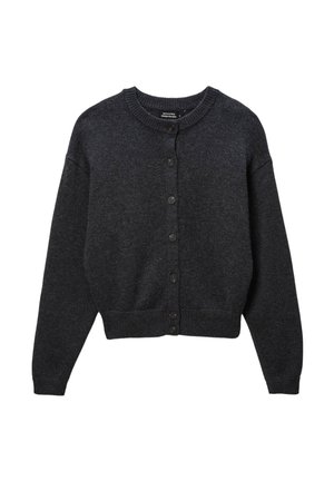 Cardigan gris foncé avec un col rond, manches longues, fermeture à boutons sur le devant, et ourlet et poignets côtelés en tissu doux tricoté.