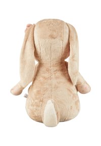 Light brown plush bunny with long ears, pink inner ear accents, and patterned paws. Soft texture with a round tail and a smooth back.