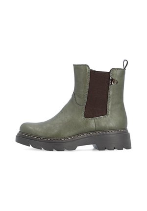 Green leather ankle boot with chunky sole, brown elastic side panel, pull tab at the back, and round toe.