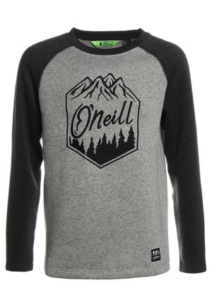 Camiseta gris de manga larga con mangas raglán negras, con un gráfico de montaña y texto 'O’Neill' en negro. Tela suave y texturizada.