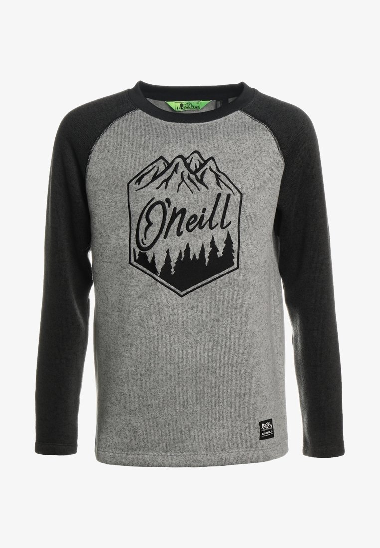 Chemise à manches longues grise avec des manches raglan noires, présentant un graphisme de montagne et le texte « O’Neill » en noir. Tissu doux et texturé.