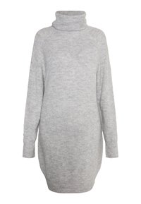 Hellgrauer Rollkragenpullover aus geripptem Strickstoff, mit langen Ärmeln, seitlichen Schlitzen und einer lockeren Silhouette.