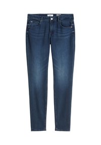 Jean homme bleu foncé en denim, avec un design classique à 5 poches, présentant un léger délavage à l'avant et une coupe droite.