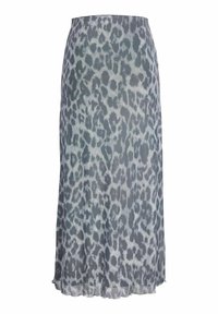 Lungo, gonna trasparente con una stampa leopardata grigia e nera, design fluido e orlo con un sottile bordo arricciato.