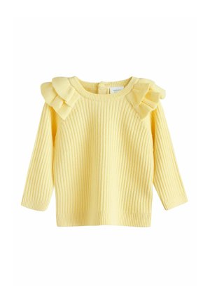 Pull en tricot côtelé jaune avec des accents froncés aux épaules. Manches longues et col rond. Texture douce, tissu léger, design simple.