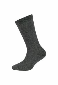 Dunkelgraue Baumwollsocke mit geripptem Bündchen, glatter Oberfläche, konischem Zehenbereich und verstärktem Fersenbereich für zusätzliche Langlebigkeit.