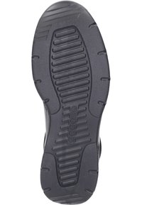 Black rubber outsole with textured grip pattern and logo, featuring deep grooves for traction and durability.