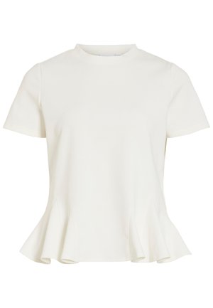 Blusa blanca de manga corta con cuello redondo y bajo peplum acampanado, tela lisa y diseño sencillo y entallado.