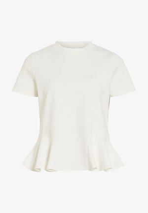 Witte blouse met korte mouwen, ronde hals en wijde peplumzoom, gladde stof en eenvoudig getailleerd ontwerp.